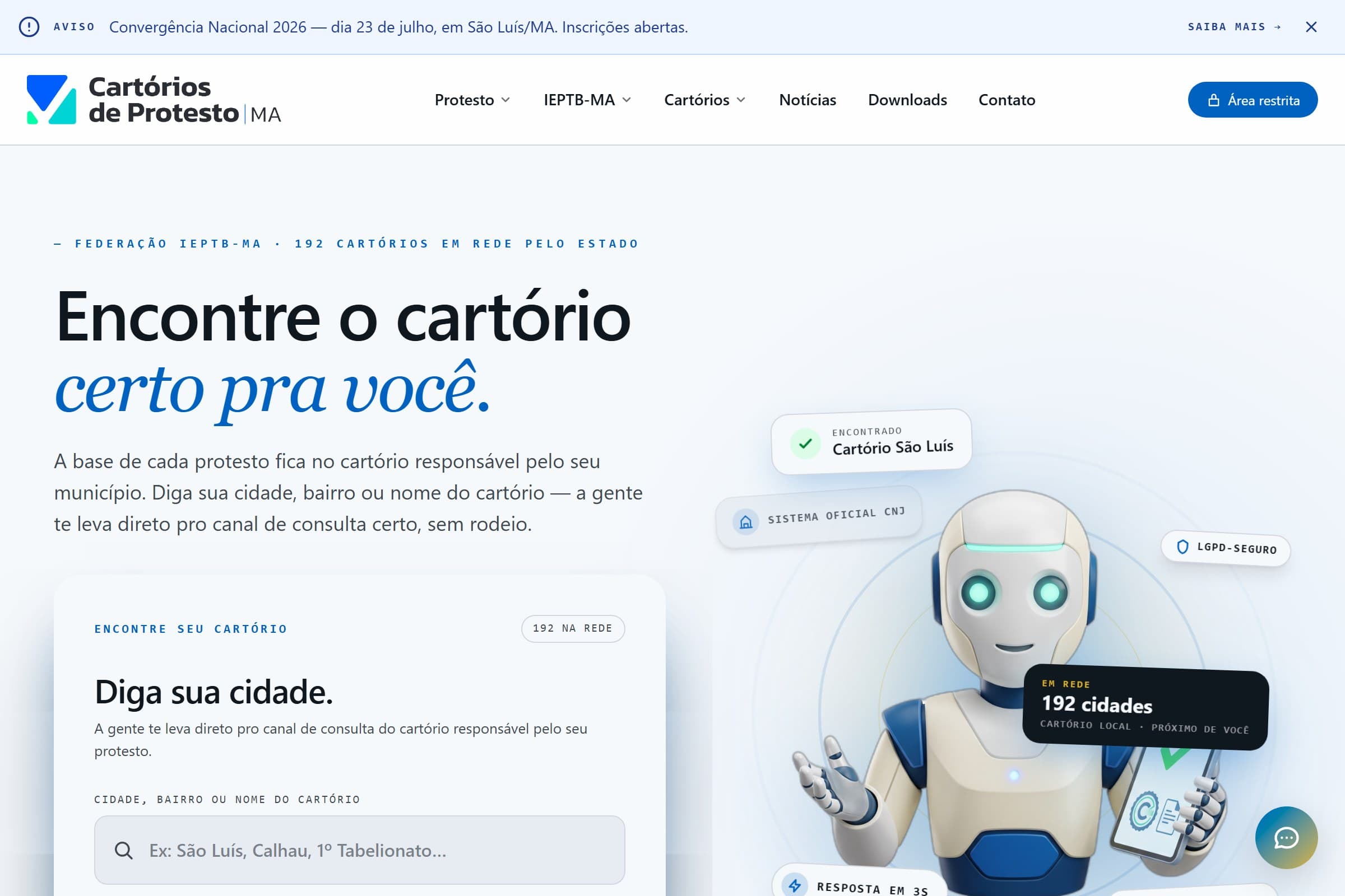 Tela pública da plataforma de cartórios: busca que leva o cidadão ao cartório responsável pela sua cidade