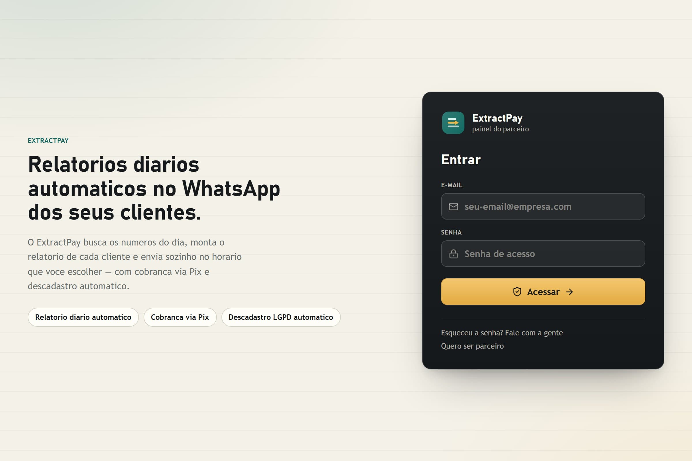 Tela do ExtractPay: a proposta do sistema ao lado do acesso ao painel do parceiro